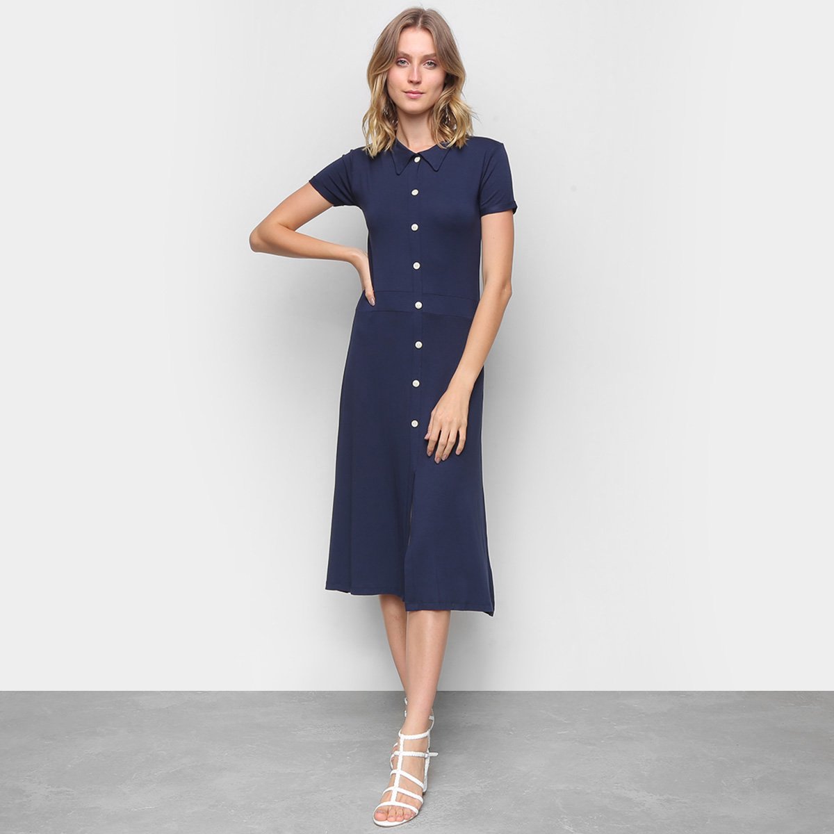 Vestido Polo Volare Midi Manga Curta Com Botões - Marinho Menor preço em Vestido Polo Volare Midi Manga Curta Com Botões - Marinho
