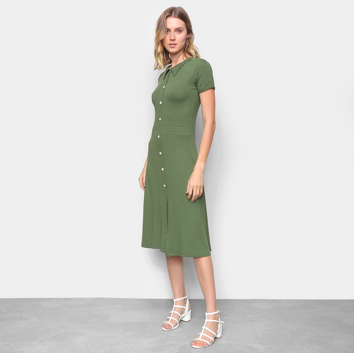 Vestido Polo Volare Midi Manga Curta Com Botões - Verde Militar Menor preço em Vestido Polo Volare Midi Manga Curta Com Botões - Verde Militar