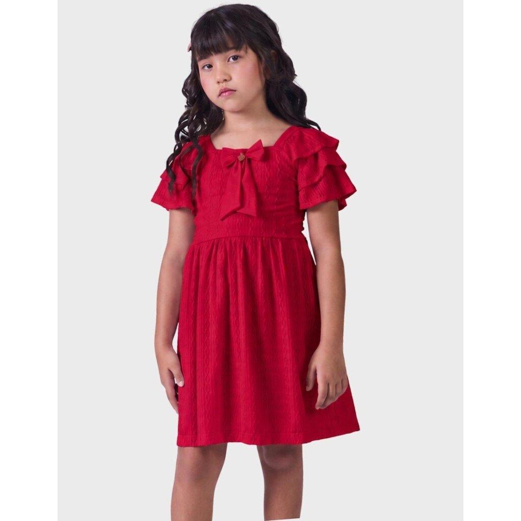 Vestido Princesa Com Laço De Verão Central Malha Rendada Manga Detalhes Charmosos Menina 4 a 14 anos