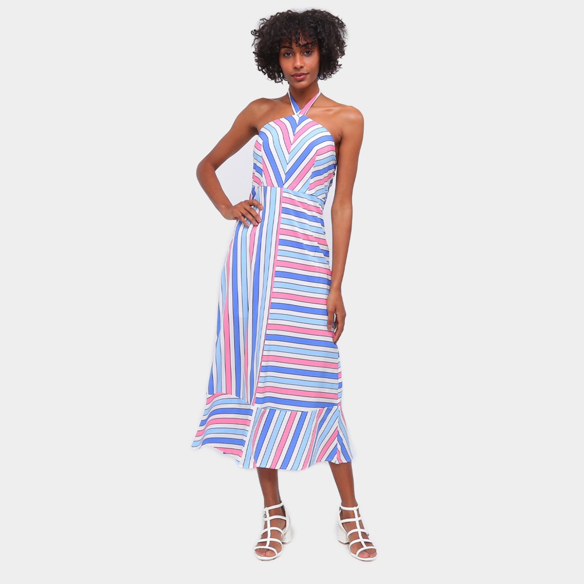 Vestido Road Mel Midi Listrado Frente Única - Azul Claro Menor preço em Vestido Road Mel Midi Listrado Frente Única - Azul Claro