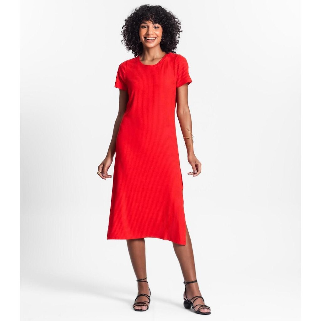 Vestido Rovitex Básico Midi Ribana Canelada Básico Feminino