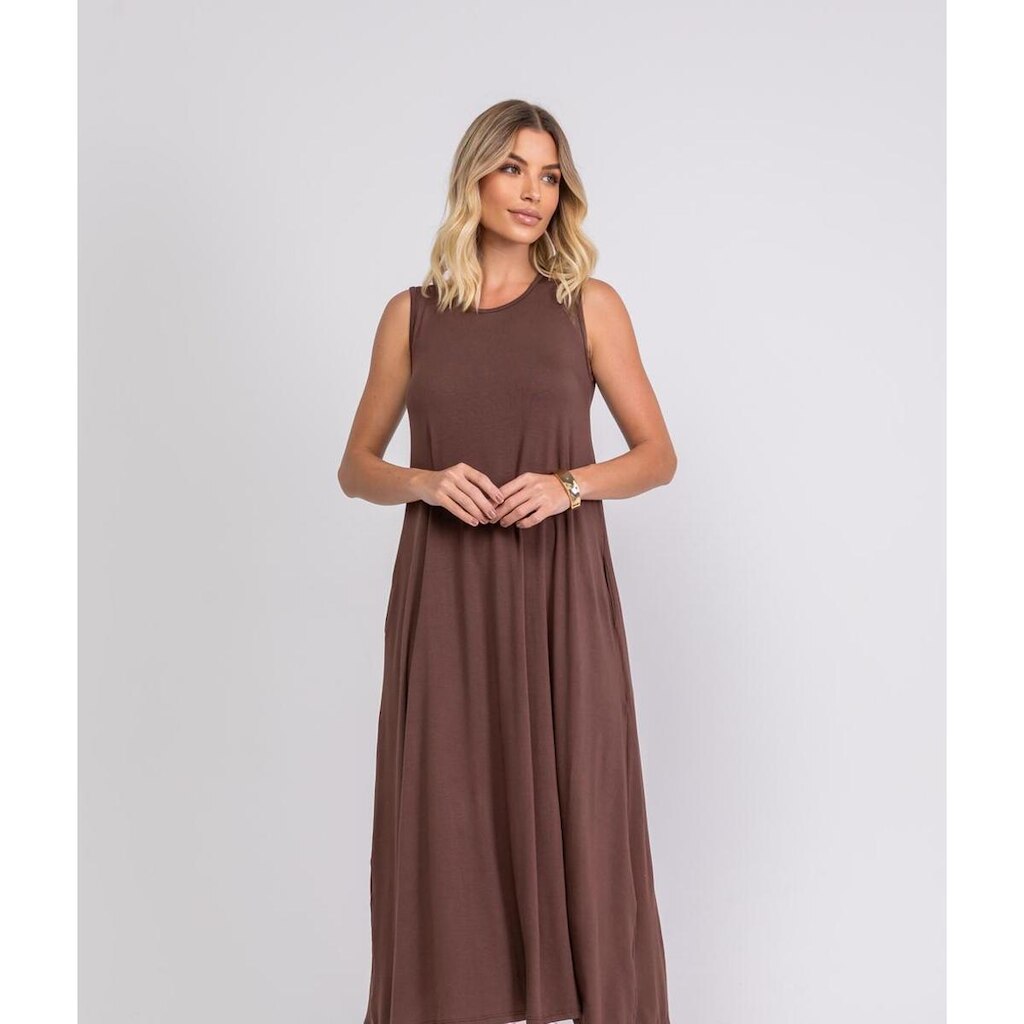 Vestido Salvatore Fashion Longo Regata Bolsos Feminino