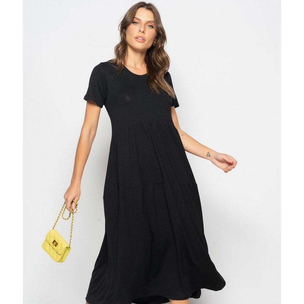 Vestido Salvatore Fashion Midi Manga Curta Babado Feminino