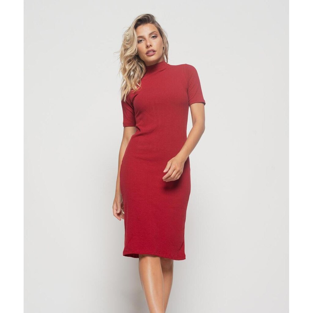 Vestido Salvatore Fashion Midi Manga Curta Canelado Feminino