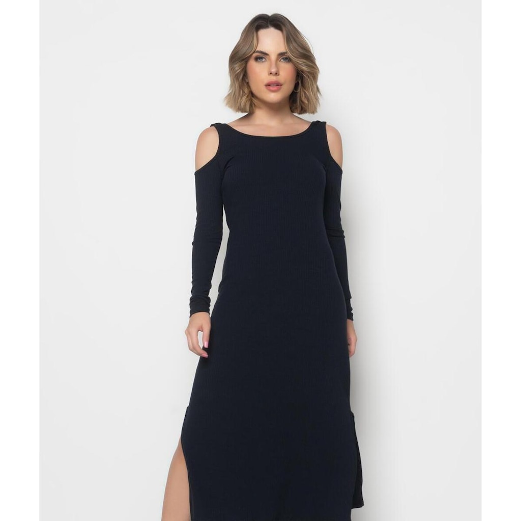 Vestido Salvatore Fashion Midi Ombro Vazado Manga Longa Canelado Feminino
