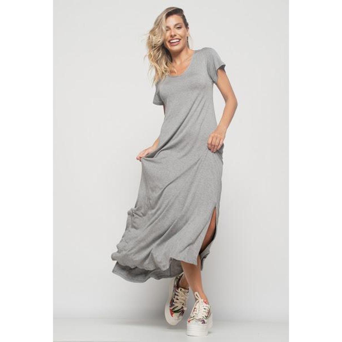 Vestido Salvatore Longo Manga Curta Malha Feminino - Mescla Menor preço em Vestido Salvatore Longo Manga Curta Malha Feminino - Mescla