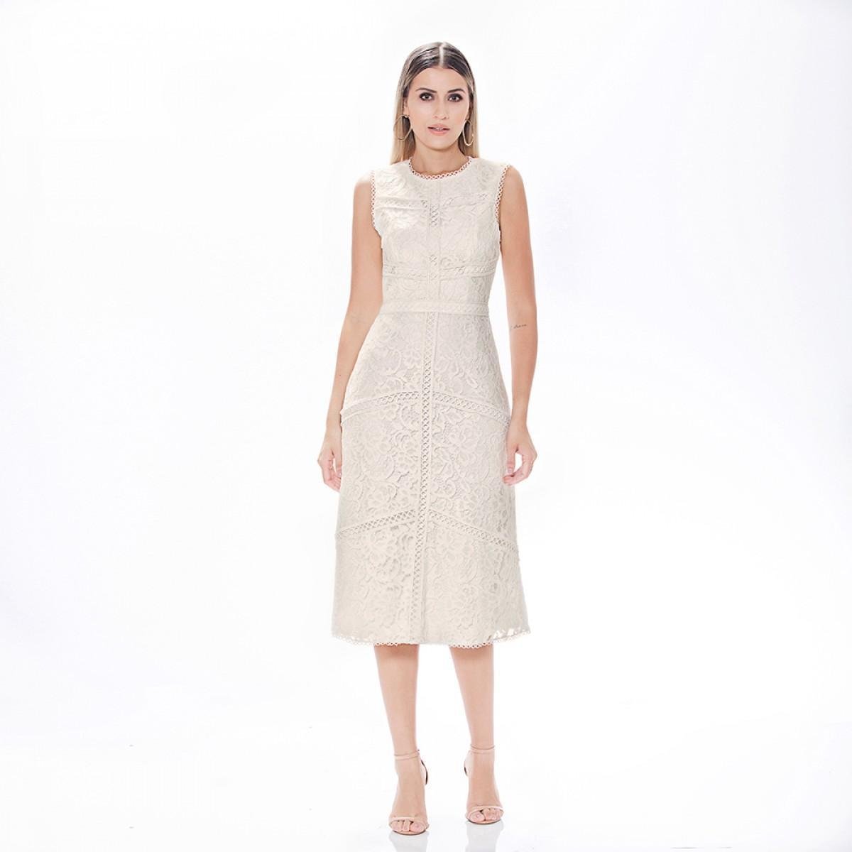 Vestido sem Manga Midi Renda Evasê Kadoche Feminino - Off White Menor preço em Vestido sem Manga Midi Renda Evasê Kadoche Feminino - Off White