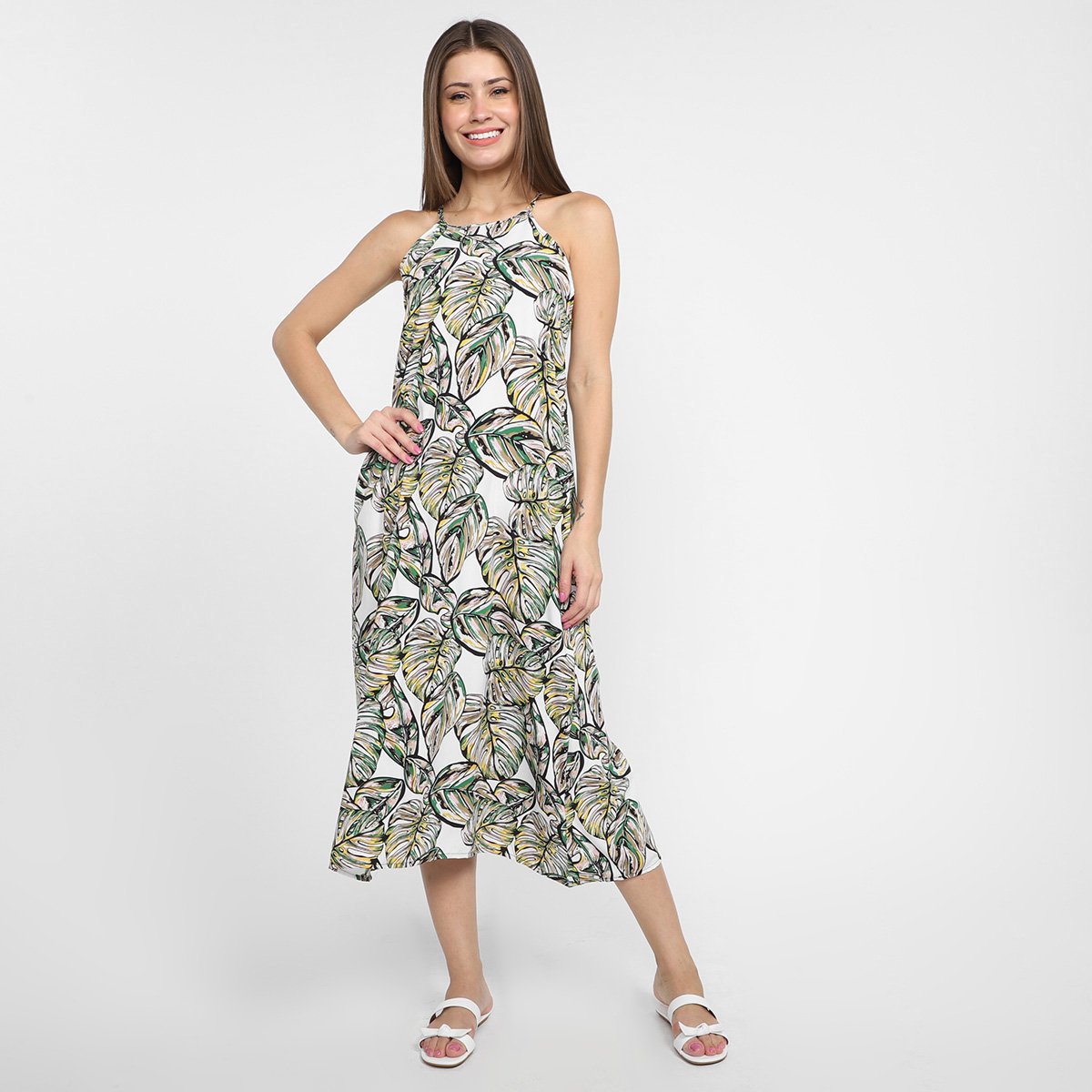 Vestido Shioo Evasê Midi Estampado - Off White Menor preço em Vestido Shioo Evasê Midi Estampado - Off White