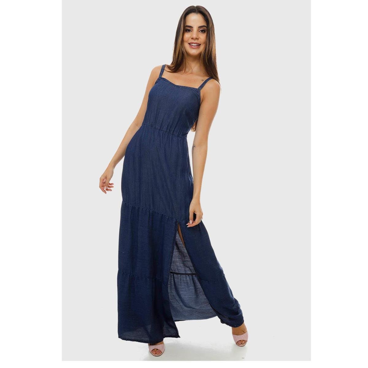 Vestido Sob Longo Jeans Saia Evasê Feminino - Azul Menor preço em Vestido Sob Longo Jeans Saia Evasê Feminino - Azul