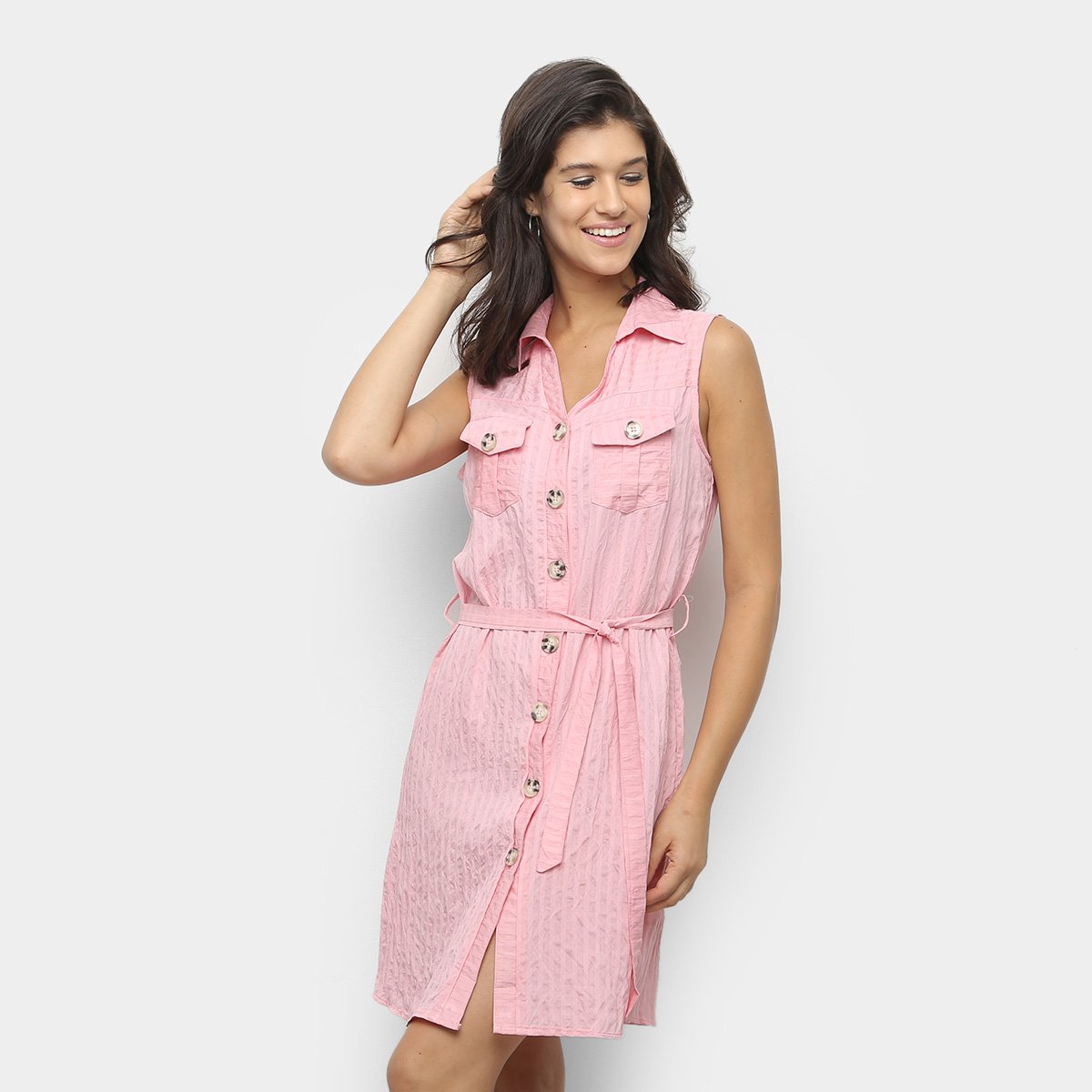 Vestido Sofia Fashion Chemise Curto Com Bolso Listrado - Rosa é ruim? Vestido Sofia Fashion Chemise Curto Com Bolso Listrado - Rosa é boa?
