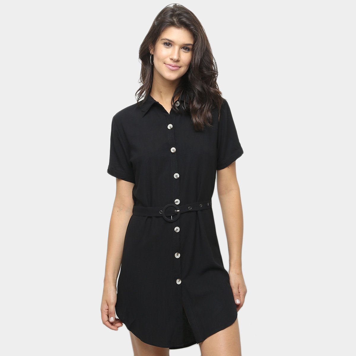 Vestido Sofia Fashion Chemise Linho Com Cinto - Preto Menor preço em Vestido Sofia Fashion Chemise Linho Com Cinto - Preto