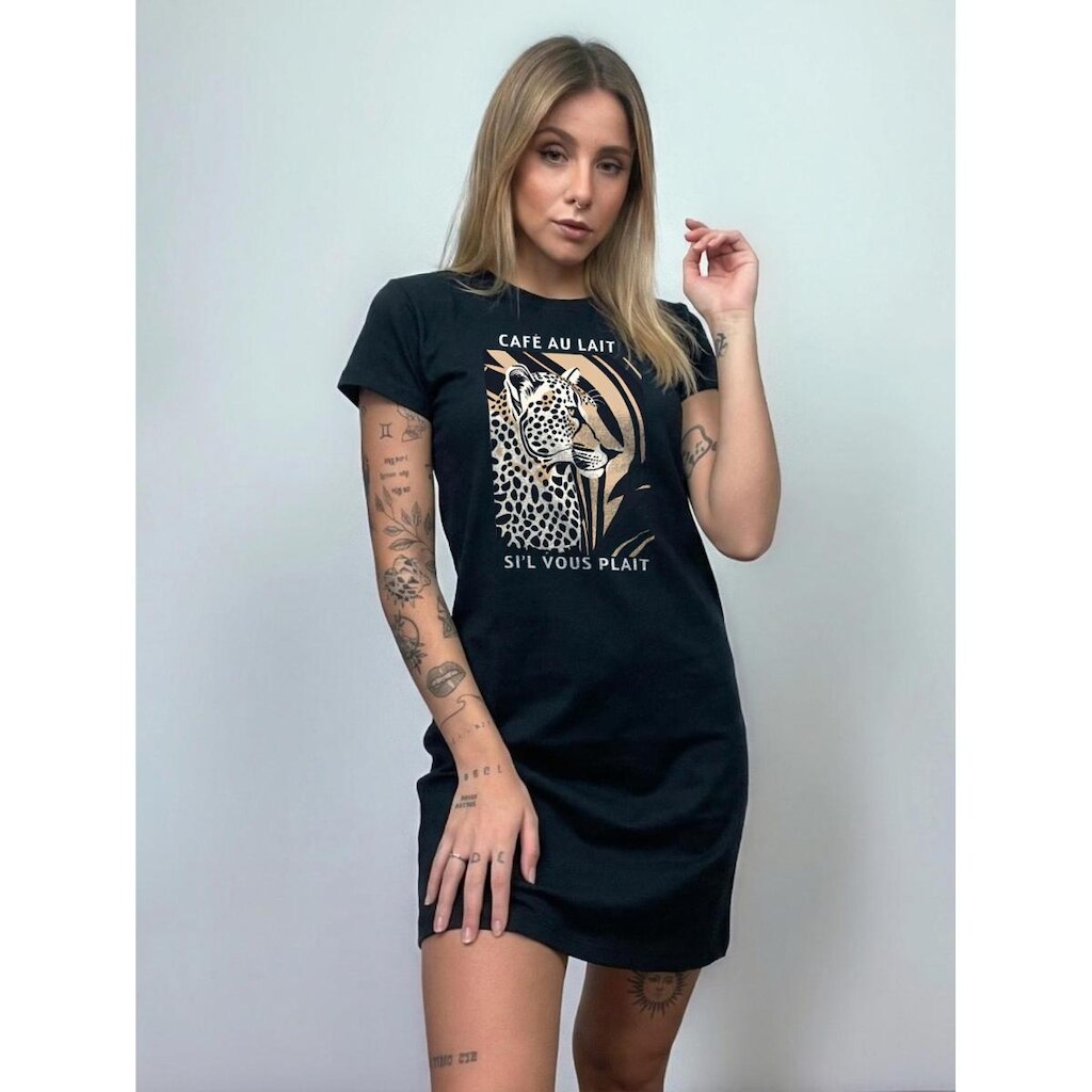 Vestido T-shirt Camisetão Onça Café Au Lait Animal Print Algodão Preto