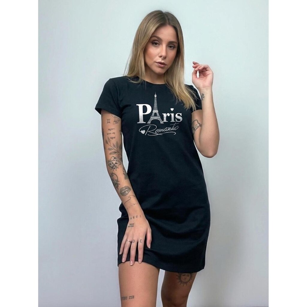 Vestido T-shirt Camisetão Paris Romantic Torre Eiffel 100% Algodão Preto