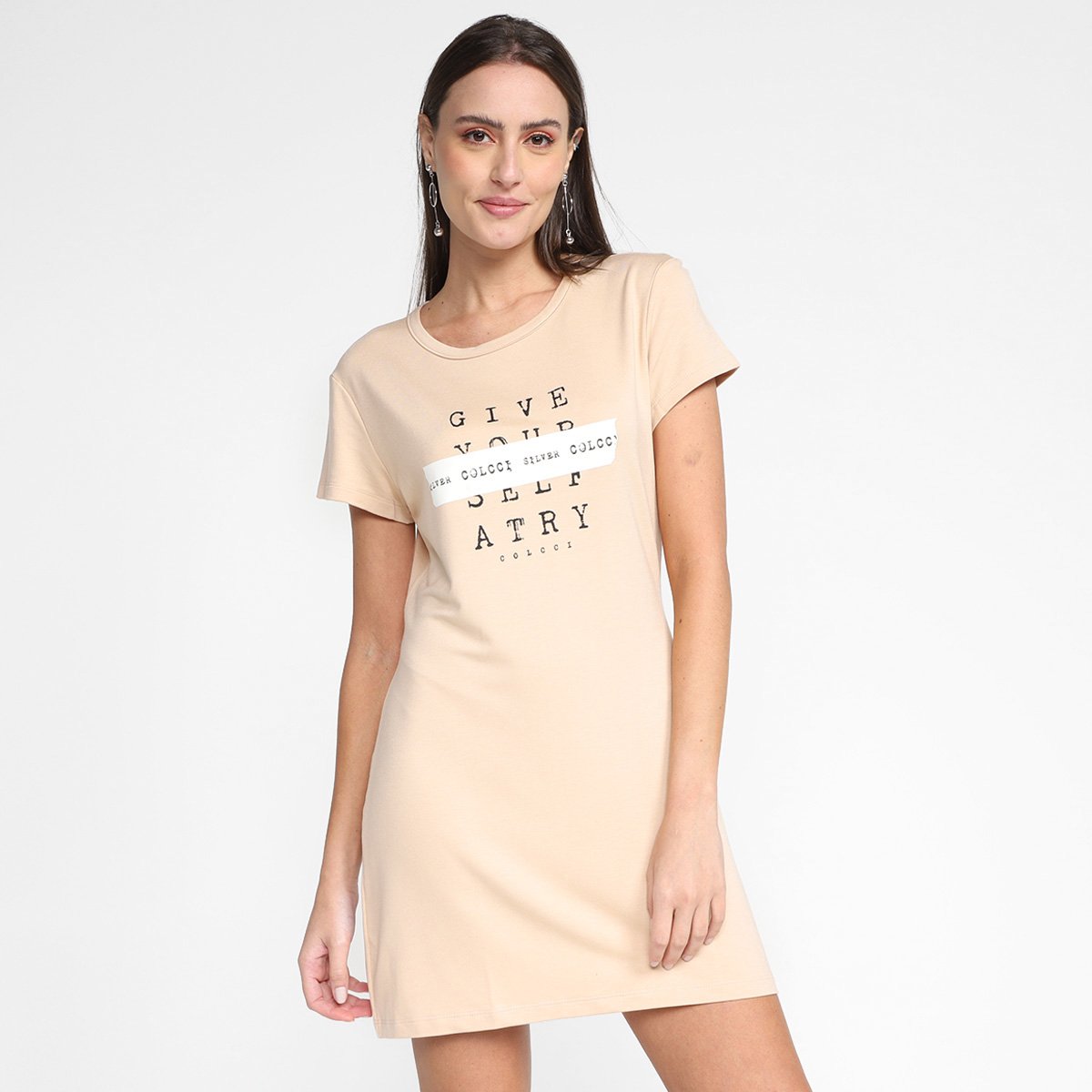 Vestido T-Shirt Colcci Curto Silver - Bege Menor preço em Vestido T-Shirt Colcci Curto Silver - Bege