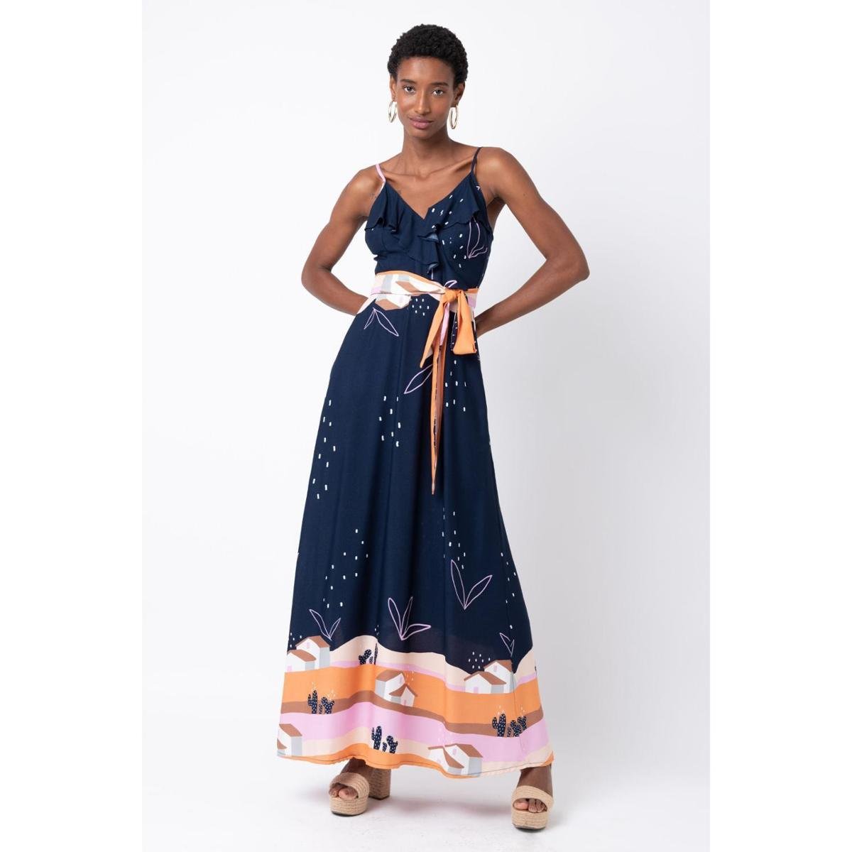 Vestido Tecido Estampado Longo Transpassado Babado Ilheus Feminino - Azul Escuro Menor preço em Vestido Tecido Estampado Longo Transpassado Babado Ilheus Feminino - Azul Escuro