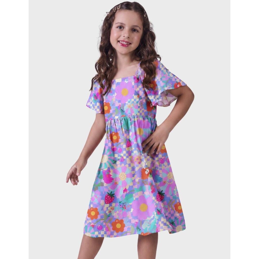 Vestido Tecido Viscose Estampado Com Detalhes Tropicais Do Verão Novidade Elegante Menina 4 a 14
