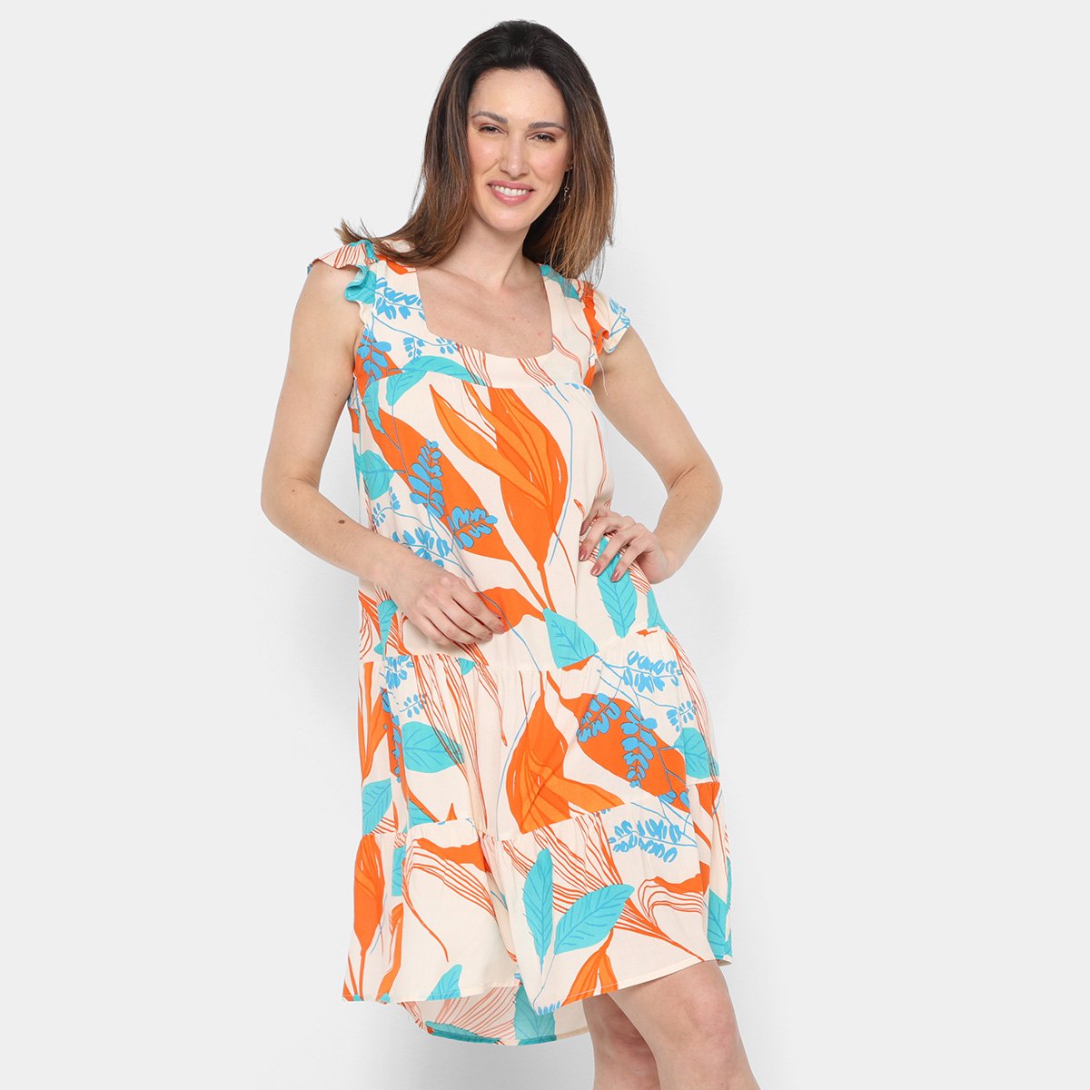 Vestido The Style Box Curto Evasê Babado - Laranja Menor preço em Vestido The Style Box Curto Evasê Babado - Laranja