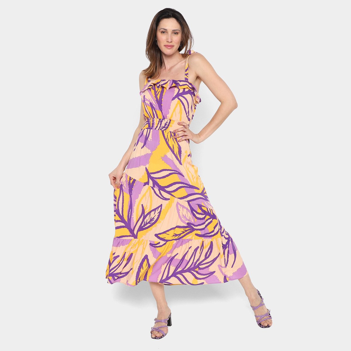 Vestido The Style Box Midi Evasê Amarração - Roxo+Rosa Menor preço em Vestido The Style Box Midi Evasê Amarração - Roxo+Rosa