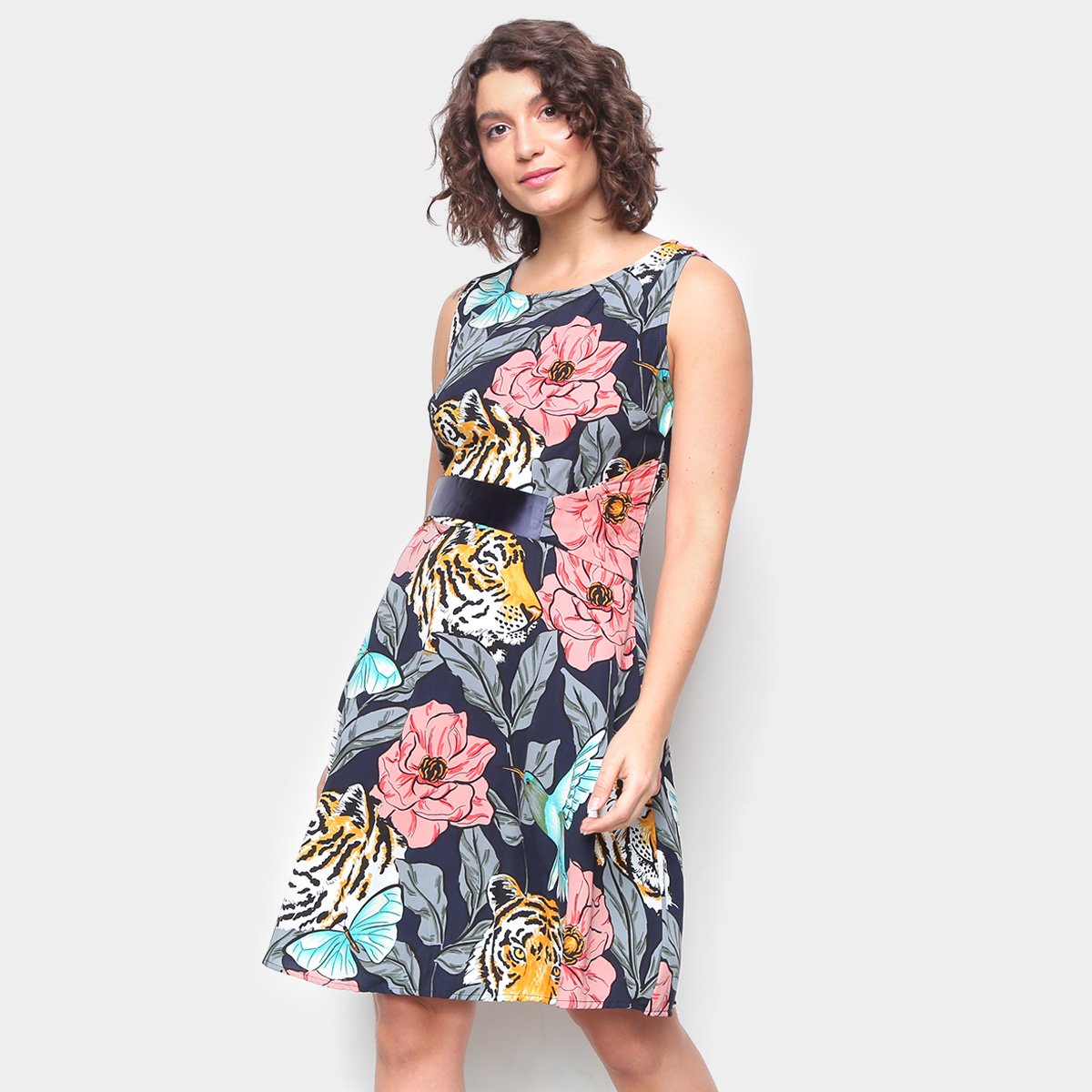 Vestido Top Moda Evasê Curto Estampado Tigre - Marinho+Cinza Menor preço em Vestido Top Moda Evasê Curto Estampado Tigre - Marinho+Cinza