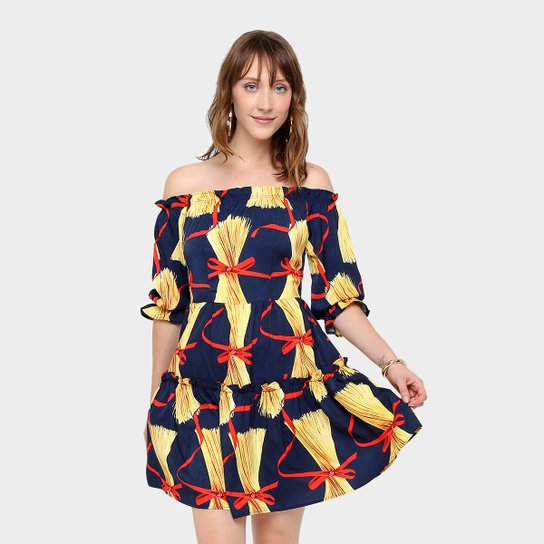 Vestido Top Moda Evasê Curto Estampado - Azul+amarelo