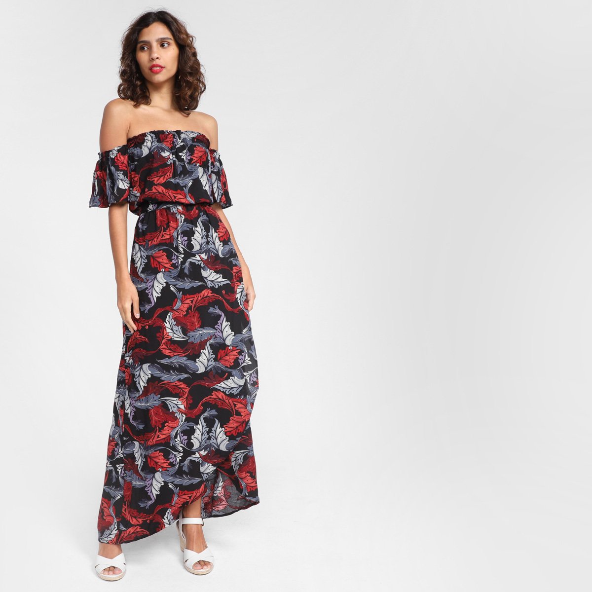 Vestido Top Moda Evasê Longo Floral - Vermelho Menor preço em Vestido Top Moda Evasê Longo Floral - Vermelho