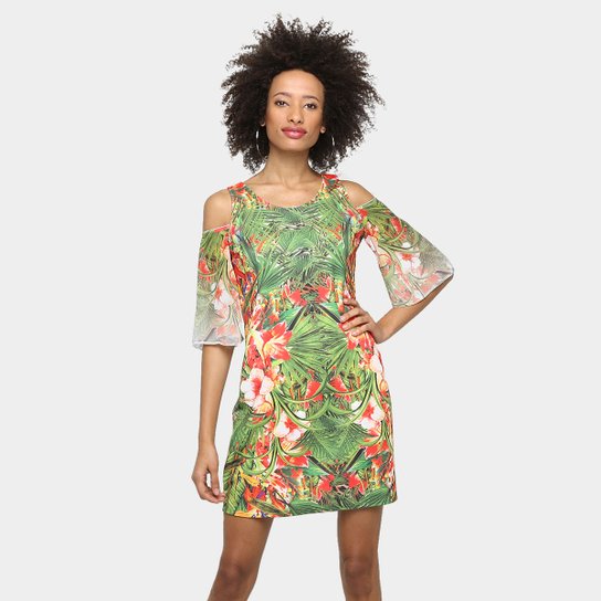 Vestido Vinculo Estampado Recorte Ombro - Verde+Vermelho