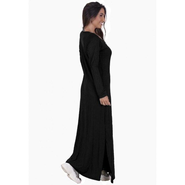 Vestido Visco Manga Longa Preto com Fenda Lateral