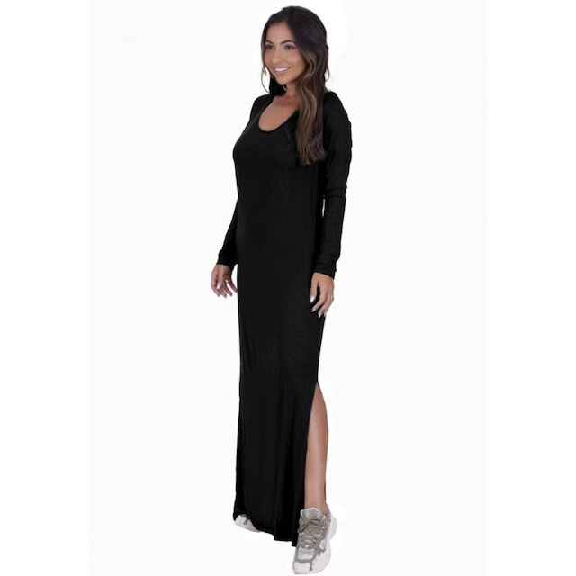 Vestido Visco Manga Longa Preto com Fenda Lateral