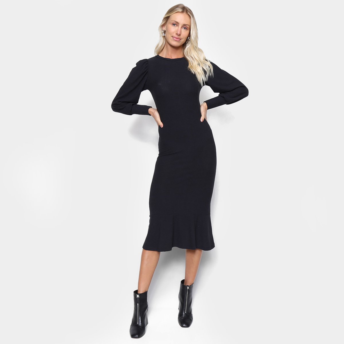 Vestido Volare Manga Longa Bufante Feminino - Preto Menor preço em Vestido Volare Manga Longa Bufante Feminino - Preto