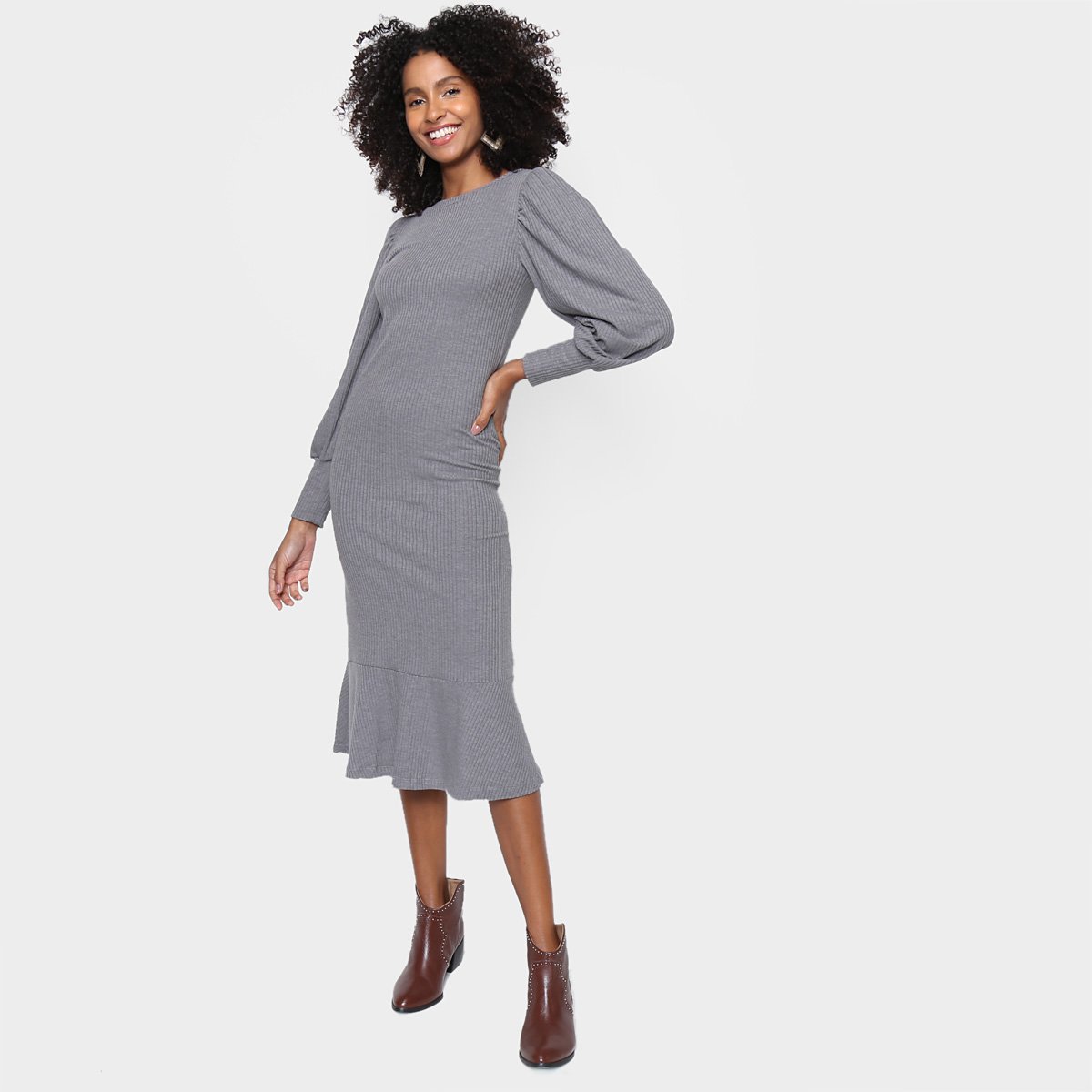 Vestido Volare Manga Longa Bufante Feminino - Mescla Menor preço em Vestido Volare Manga Longa Bufante Feminino - Mescla