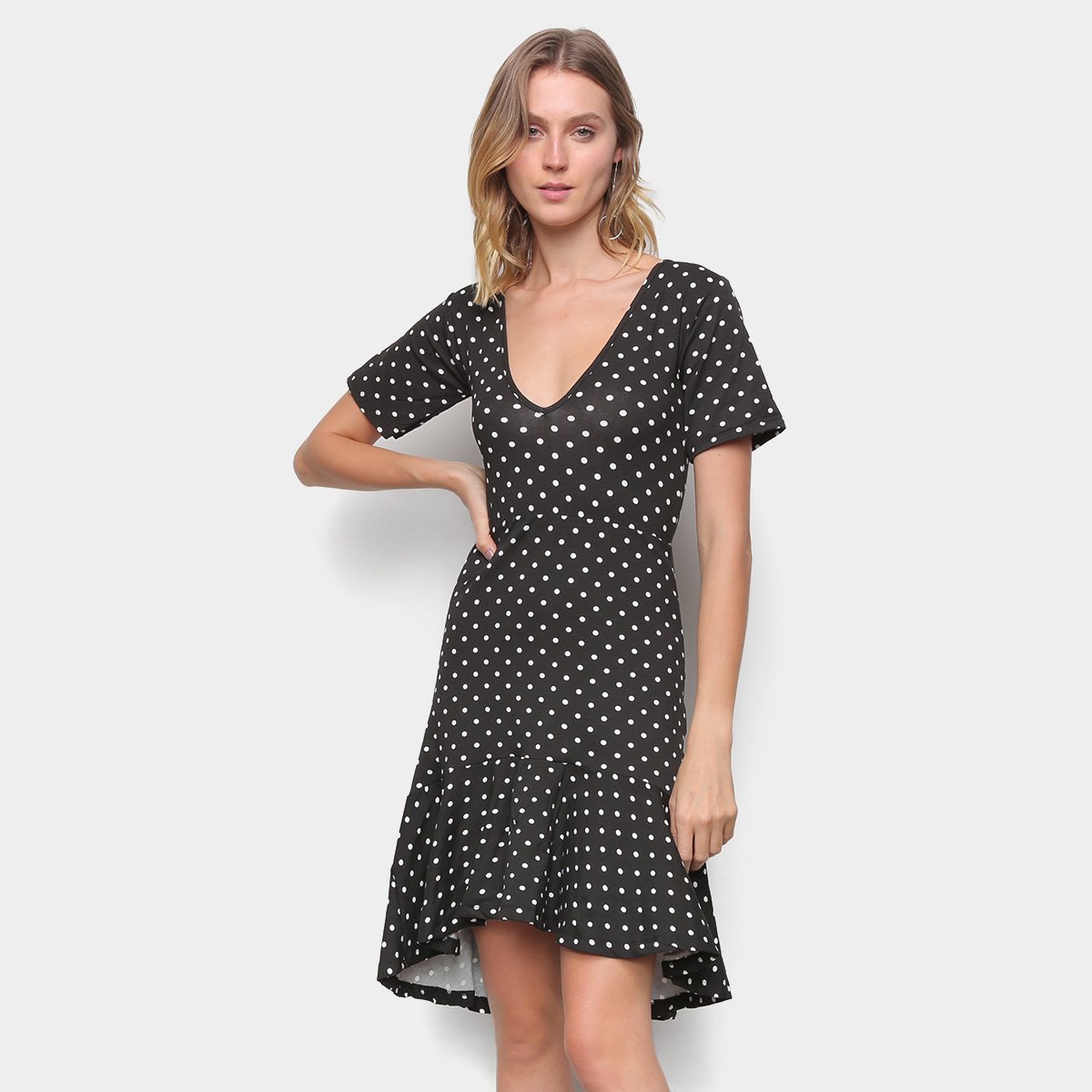 Vestido Volare Midi Curto Babados Poá - Preto Menor preço em Vestido Volare Midi Curto Babados Poá - Preto