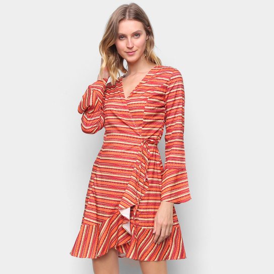 Vestido Yutz Evasê Curto Transpassado África - Laranja