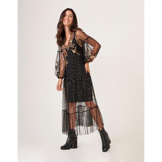 Vestido Zinzane Feminino Tule Bordado New Longo M PRETO Zattini