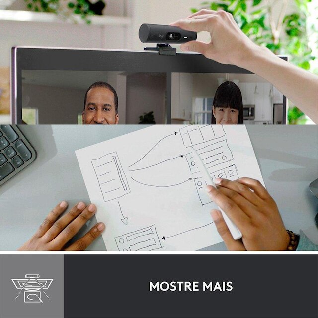 Webcam + Suporte Logitech Brio 500 Full HD, 1080p, 30 FPS, com Microfones Duplos, USB,