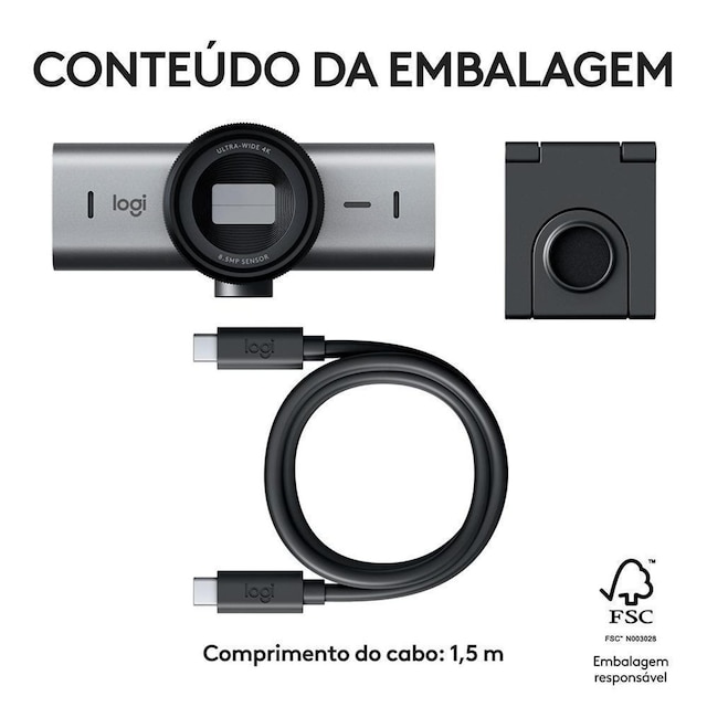 Webcam Ultra HD 4K Logitech MX Brio Com Microfones com Redução de Ruído, - 960-001548
